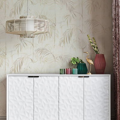 Bamboo Gardens Non-Pasted Wallpaper - A white dresser with plants and candles on top in front of Bamboo Gardens Unpasted Wallpaper in fog | Tempaper#color_fog