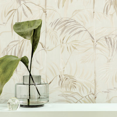 Bamboo Gardens Non-Pasted Wallpaper - A glass vase and plant with Bamboo Gardens Unpasted Wallpaper in fog | Tempaper#color_fog