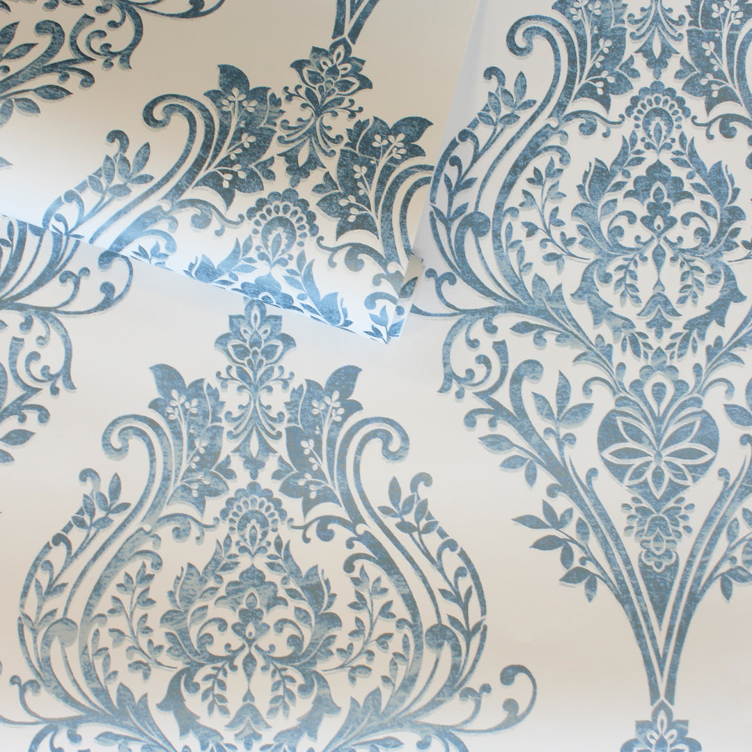 Estate Damask Non-Pasted Wallpaper - A roll of Estate Damask Unpasted Wallpaper in coastal blue damask | Tempaper#color_coastal-blue-damask