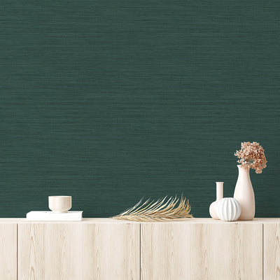 Faux Horizontal Grasscloth Removable Wallpaper - A wood dresser with beige vases and a wall featuring Faux Horizontal Grasscloth Peel And Stick Wallpaper in textured mediterranean teal | Tempaper#color_textured-mediterranean-teal