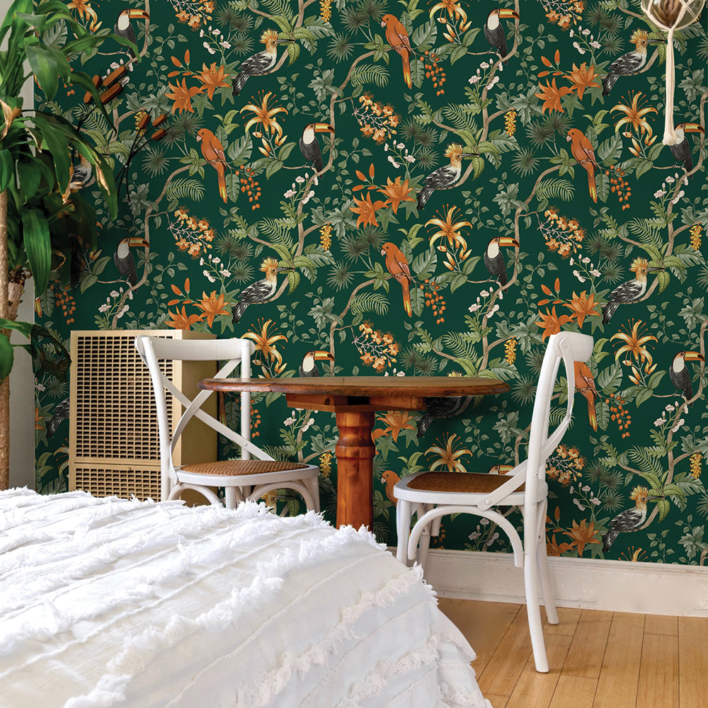 Removable Wallpaper,Tropical Wall Mural,Parrots in Leaves,Palm Wall,Vinyl or 2024 Self Adhesive