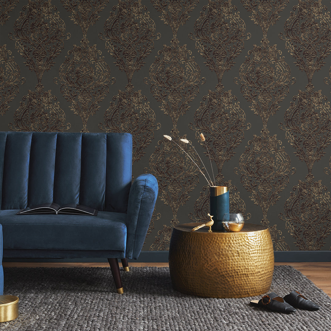 Estate Damask Non-Pasted Wallpaper - A blue couch and bronze end table in a room featuring Estate Damask Unpasted Wallpaper in charcoal damask | Tempaper#color_charcoal-damask
