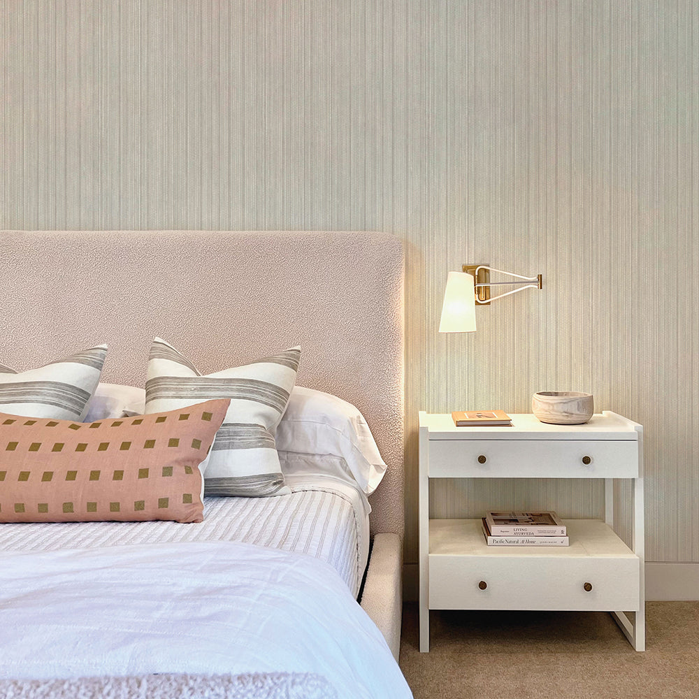 Faux Grasscloth Removable Wallpaper - A bedroom with a pink bed and white nightstand featuring Faux Grasscloth Peel And Stick Wallpaper in textured sterling silver | Tempaper#color_textured-sterling-silver