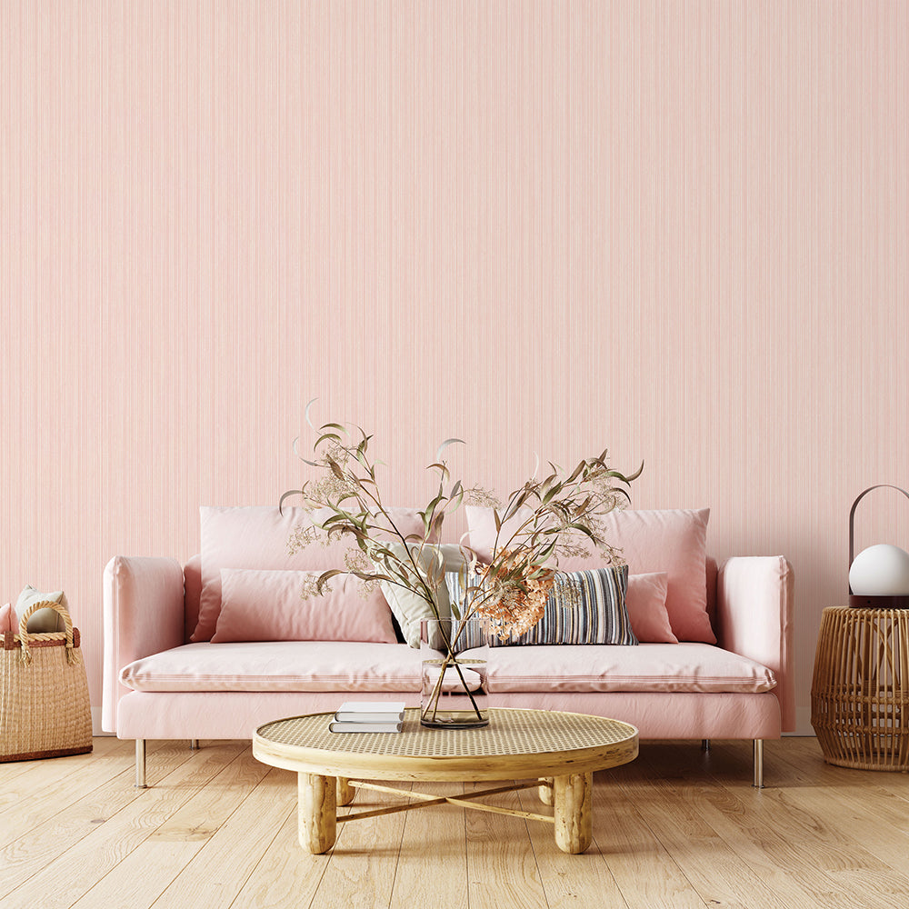 Faux Grasscloth Removable Wallpaper - A pink couch and wood coffee table in a room featuring Faux Grasscloth Peel And Stick Wallpaper in textured blush | Tempaper#color_textured-blush