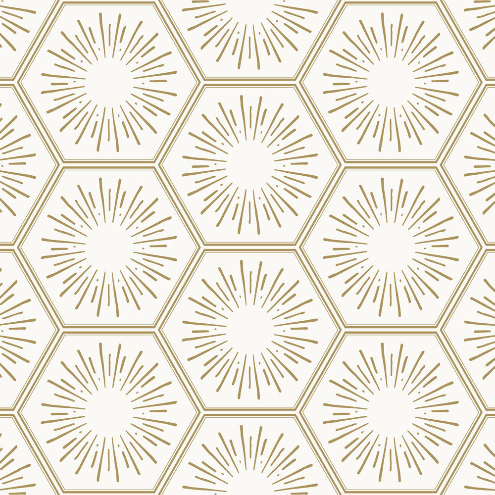 Repeating gold hexagons filled with sunbursts — a sample of Tempaper's sunset gold Hello Sunshine peel and stick wallpaper. #color_sunset-gold