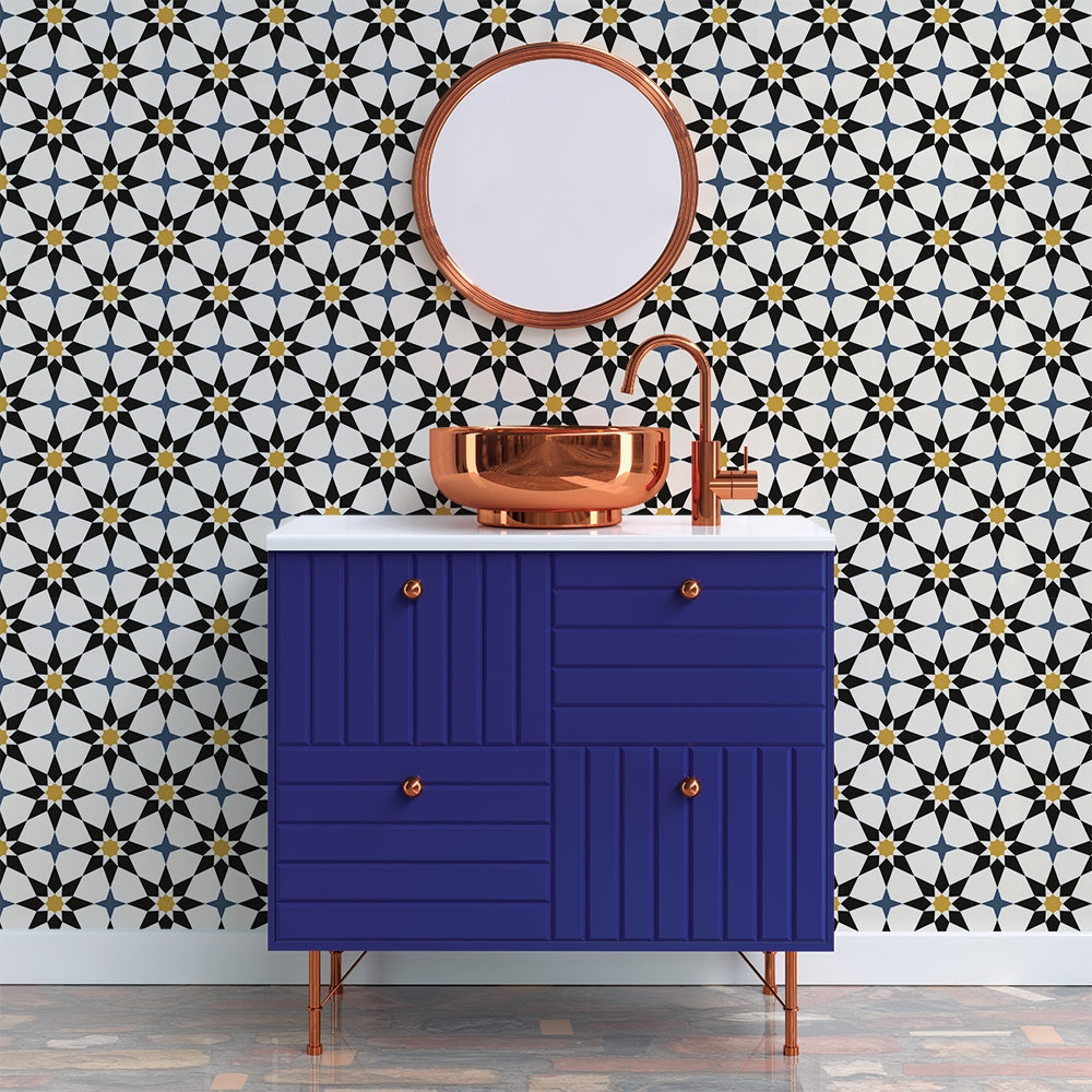 Soleil Removable Wallpaper - A bathroom with a blue vanity and copper sink, featuring Soleil Peel And Stick Wallpaper | Tempaper