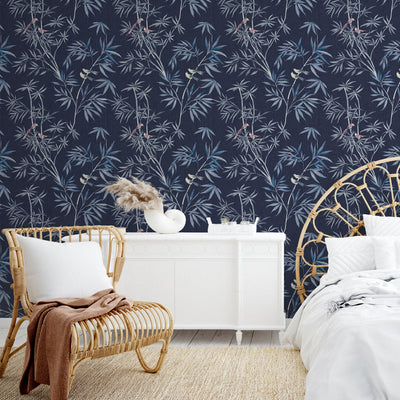 Bamboo Chinoiserie Removable Wallpaper - A bedroom featuring a Tempaper's Bamboo Chinoiserie Peel and Stick Wallpaper in Nightfall