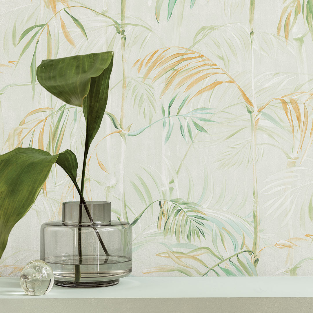 Bamboo Gardens Non-Pasted Wallpaper - A glass vase and plant with Bamboo Gardens Unpasted Wallpaper in sage | Tempaper#color_sage