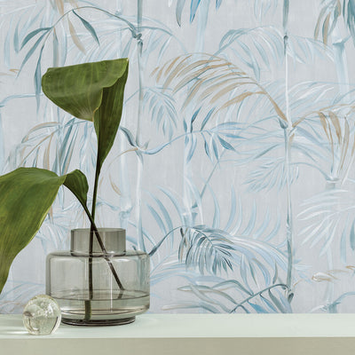 Bamboo Gardens Non-Pasted Wallpaper - A glass vase and plant with Bamboo Gardens Unpasted Wallpaper in rain | Tempaper#color_rain