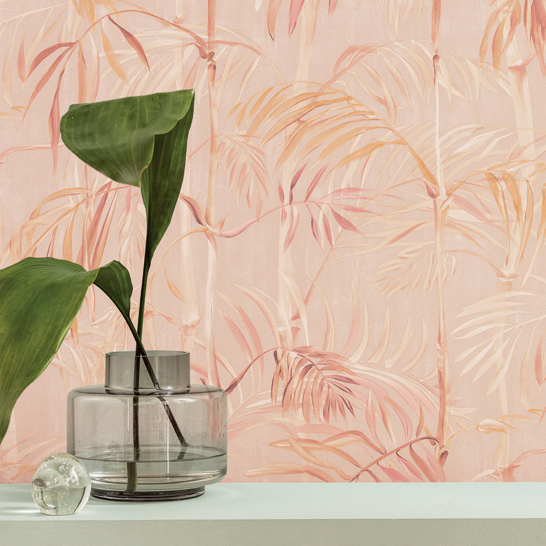 Bamboo Gardens Non-Pasted Wallpaper - A glass vase and plant with Bamboo Gardens Unpasted Wallpaper in coral | Tempaper#color_coral