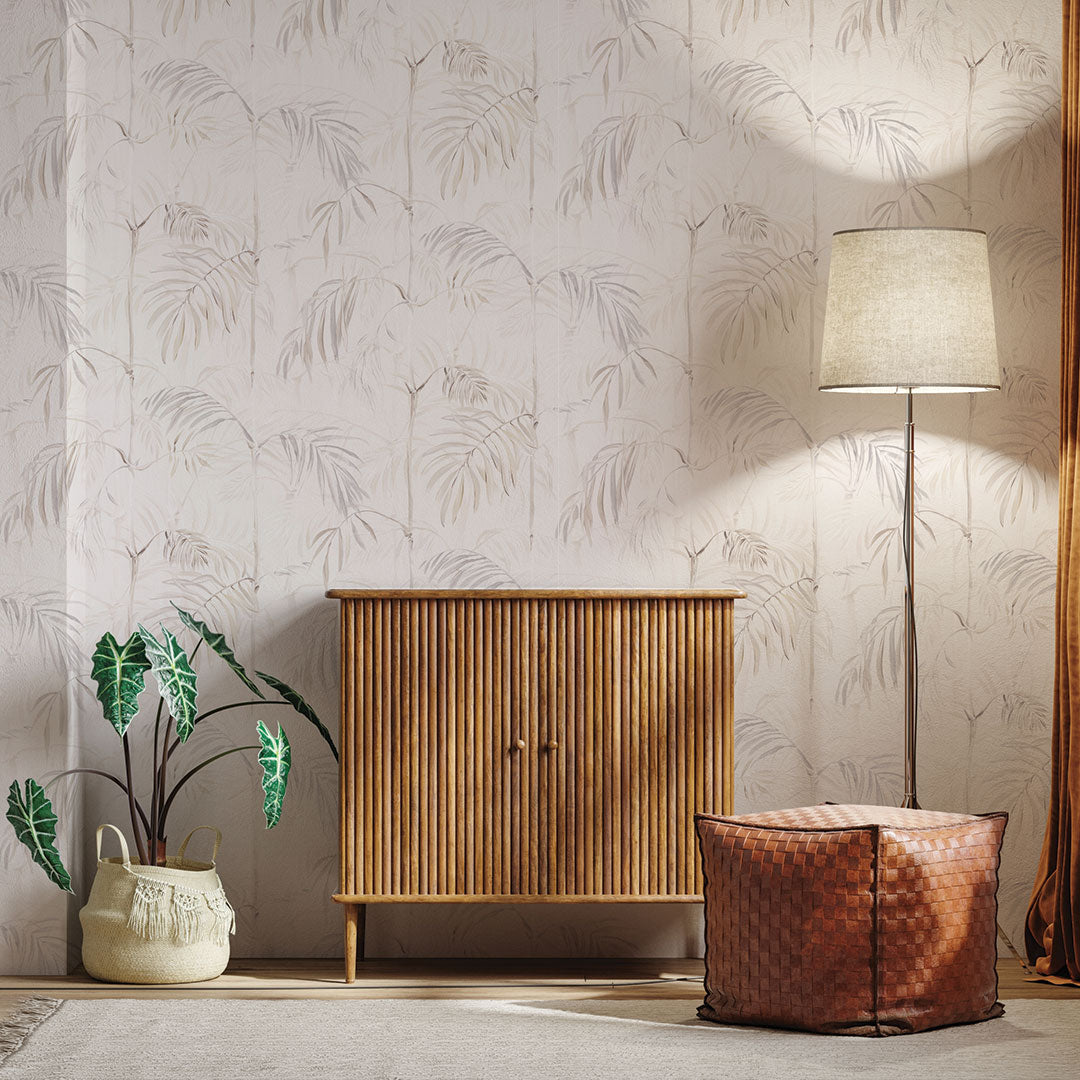 Bamboo Gardens Non-Pasted Wallpaper - A wood dresser, plant, and lamp in front of Bamboo Gardens Unpasted Wallpaper in fog | Tempaper#color_fog
