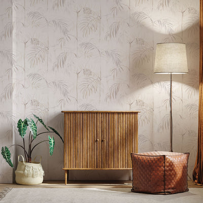 Bamboo Gardens Non-Pasted Wallpaper - A wood dresser, plant, and lamp in front of Bamboo Gardens Unpasted Wallpaper in fog | Tempaper#color_fog