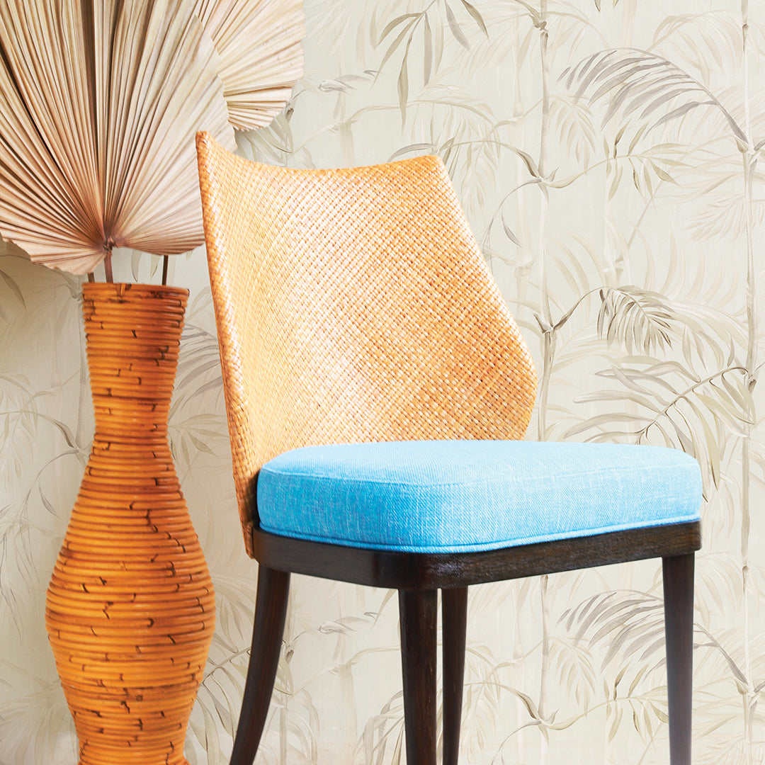 Bamboo Gardens Non-Pasted Wallpaper - A blue and orange chair in front of Bamboo Gardens Unpasted Wallpaper in fog | Tempaper#color_fog