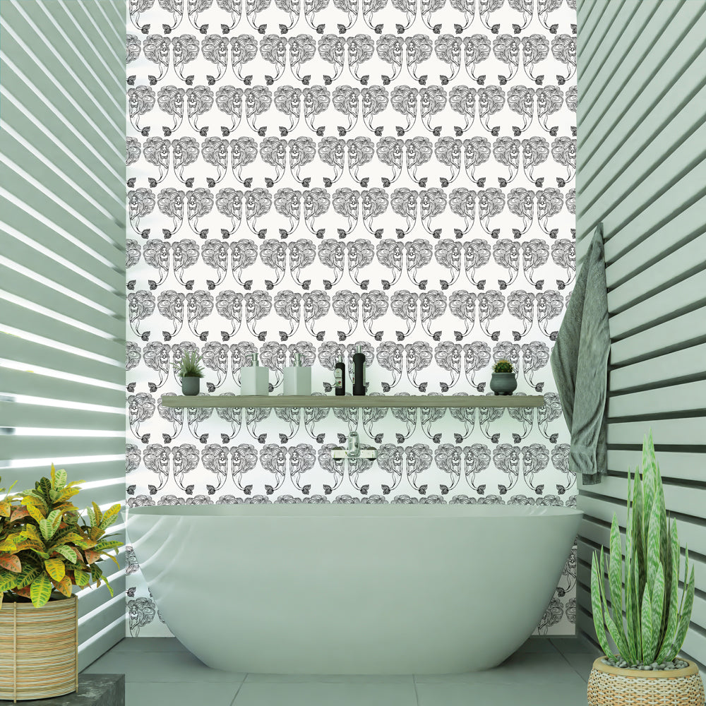 Block Print Mermaids Removable Wallpaper - A bathroom featuring Tempaper's Block Print Mermaids Peel And Stick Wallpaper in onyx muse | Tempaper#color_onyx-muse