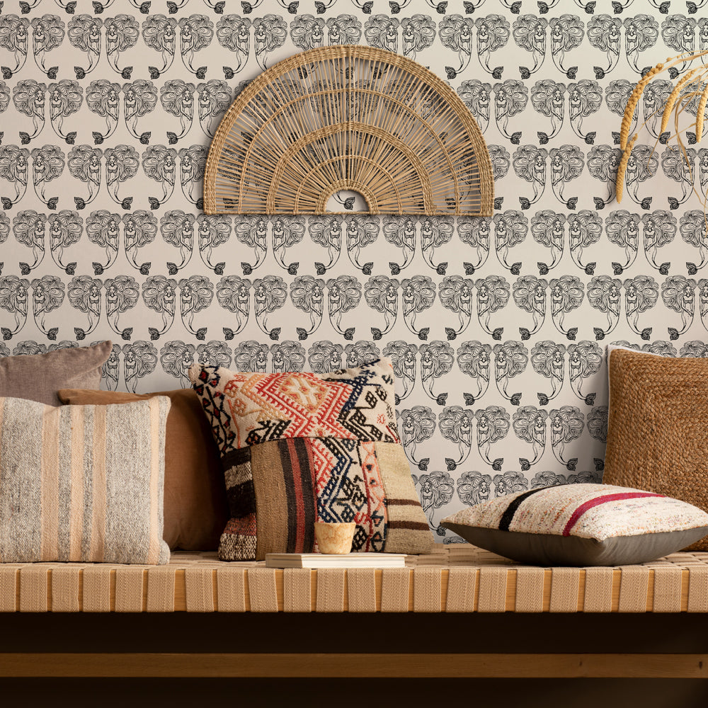 Block Print Mermaids Removable Wallpaper - A room featuring Tempaper's Block Print Mermaids Peel And Stick Wallpaper in onyx muse | Tempaper#color_onyx-muse