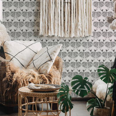 Block Print Mermaids Removable Wallpaper - A room featuring Tempaper's Block Print Mermaids Peel And Stick Wallpaper in onyx muse | Tempaper#color_onyx-muse