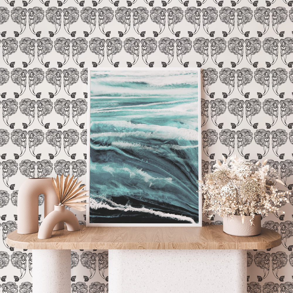 Block Print Mermaids Removable Wallpaper - A room featuring Tempaper's Block Print Mermaids Peel And Stick Wallpaper in onyx muse | Tempaper#color_onyx-muse