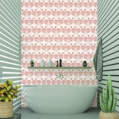 Block Print Mermaids Removable Wallpaper - A bathroom featuring Tempaper's Block Print Mermaids Peel And Stick Wallpaper in coral muse | Tempaper#color_coral-muse