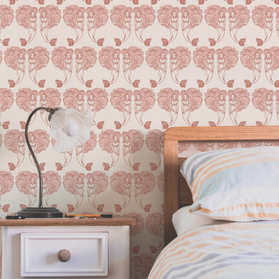 Block Print Mermaids Removable Wallpaper - A bedroom featuring Tempaper's Block Print Mermaids Peel And Stick Wallpaper in coral muse | Tempaper#color_coral-muse