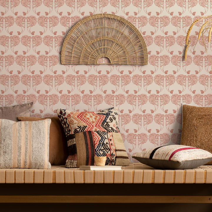 Block Print Mermaids Removable Wallpaper - A room featuring Tempaper's Block Print Mermaids Peel And Stick Wallpaper in coral muse | Tempaper#color_coral-muse