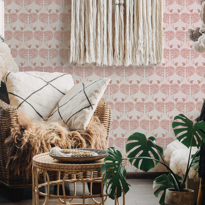 Block Print Mermaids Removable Wallpaper - A room featuring Tempaper's Block Print Mermaids Peel And Stick Wallpaper in coral muse | Tempaper#color_coral-muse