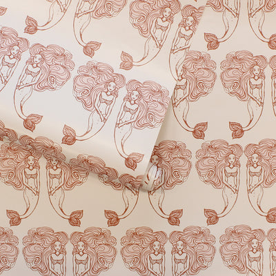 Block Print Mermaids Removable Wallpaper - A wallpaper roll of Tempaper's Block Print Mermaids Peel And Stick Wallpaper in coral muse | Tempaper#color_coral-muse