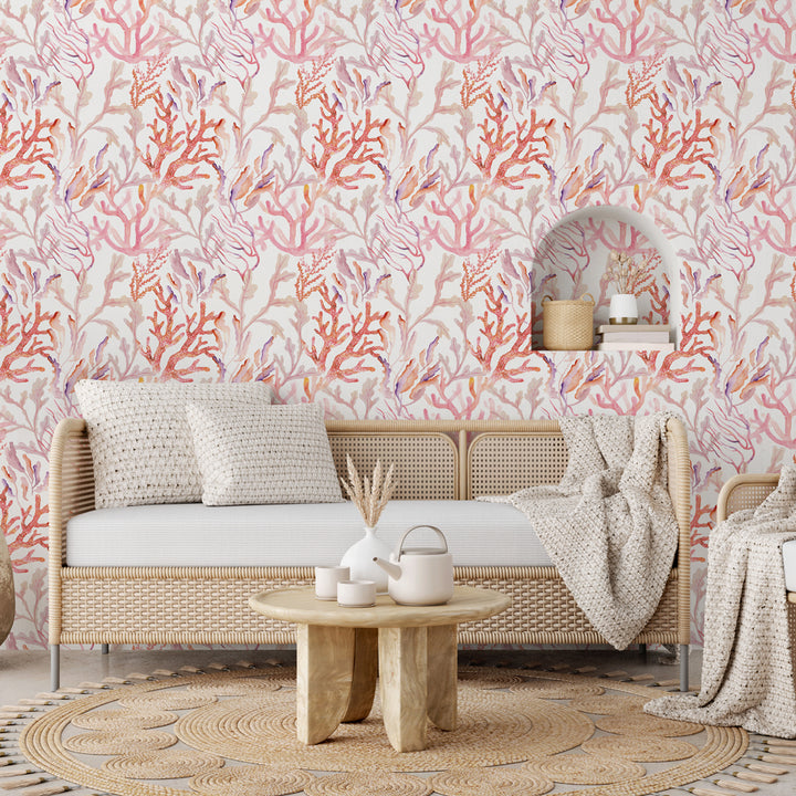 Coral Reef Removable Wallpaper - A room featuring Tempaper's Coral Reef Peel And Stick Wallpaper in rose quartz | Tempaper#color_rose-quartz