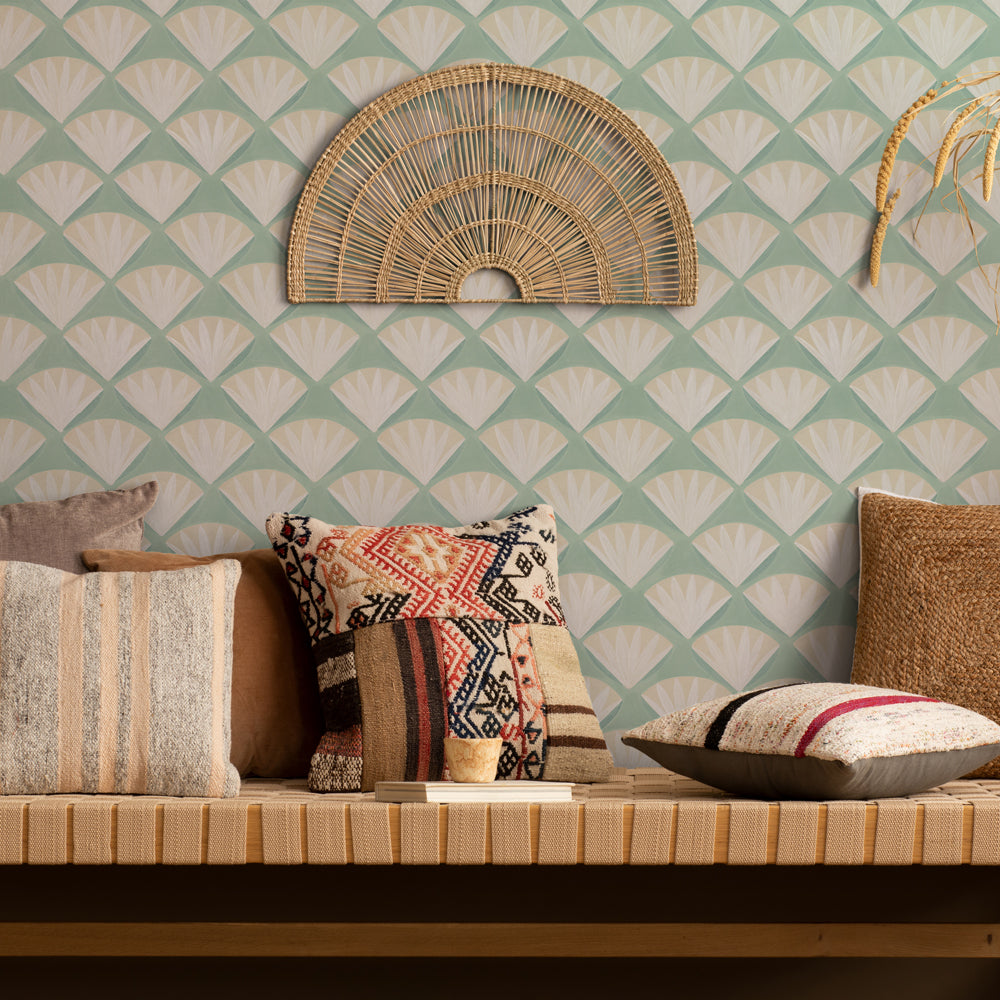Deco Shell Removable Wallpaper - A room featuring Tempaper's Deco Shell Peel And Stick Wallpaper in fresh mint | Tempaper