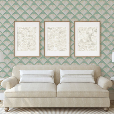 Deco Shell Removable Wallpaper - A room featuring Tempaper's Deco Shell Peel And Stick Wallpaper in fresh mint | Tempaper