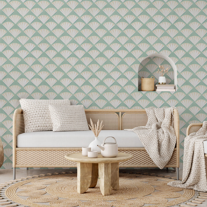 Deco Shell Removable Wallpaper - A room featuring Tempaper's Deco Shell Peel And Stick Wallpaper in fresh mint | Tempaper