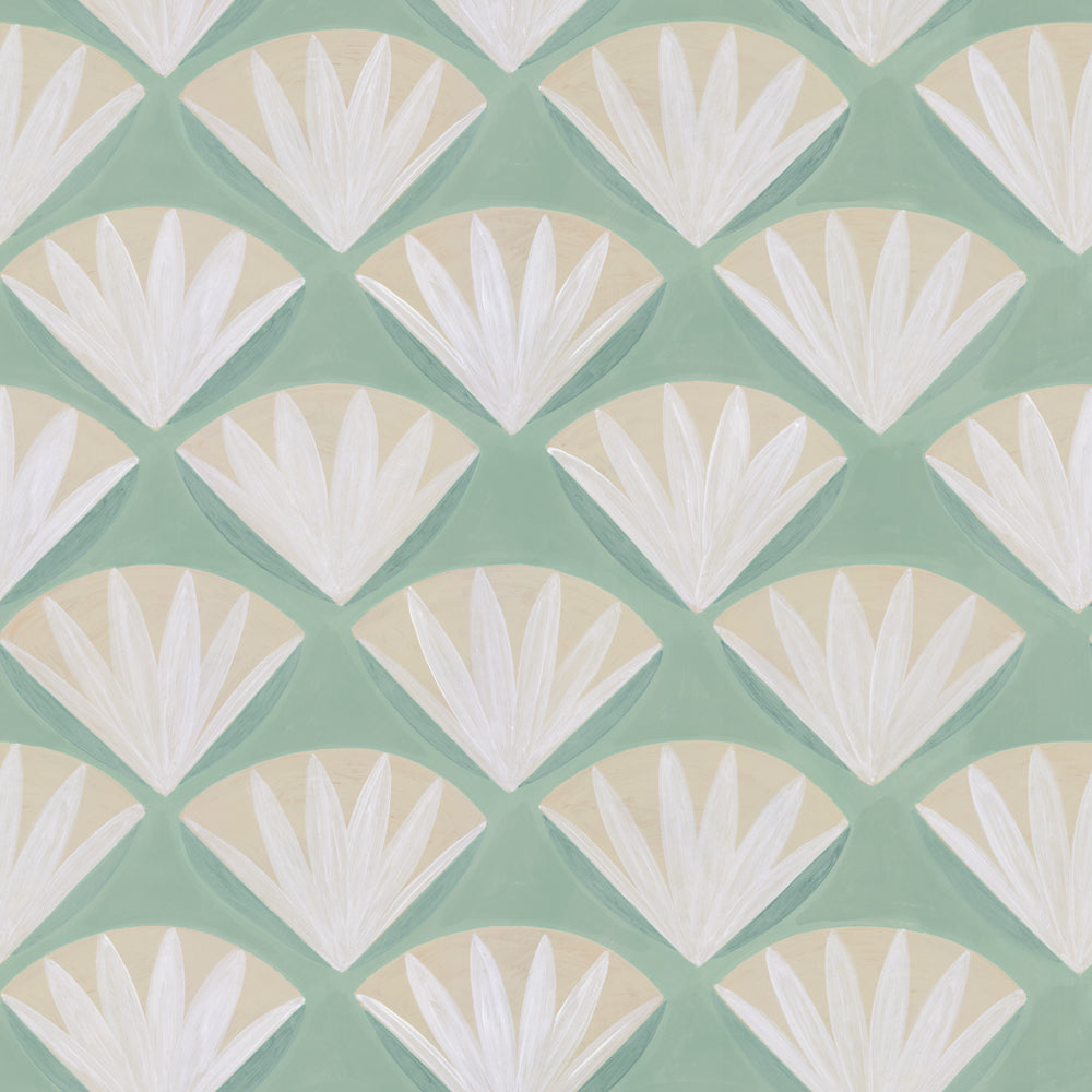 Deco Shell Removable Wallpaper - A swatch of Tempaper's Deco Shell Peel And Stick Wallpaper in fresh mint | Tempaper