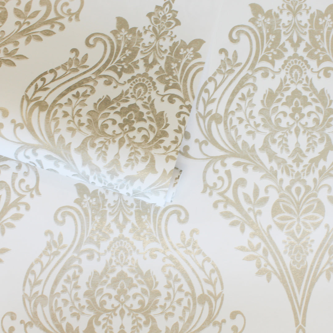 Estate Damask Non-Pasted Wallpaper - A roll of Estate Damask Unpasted Wallpaper in champagne damask | Tempaper#color_champagne-damask