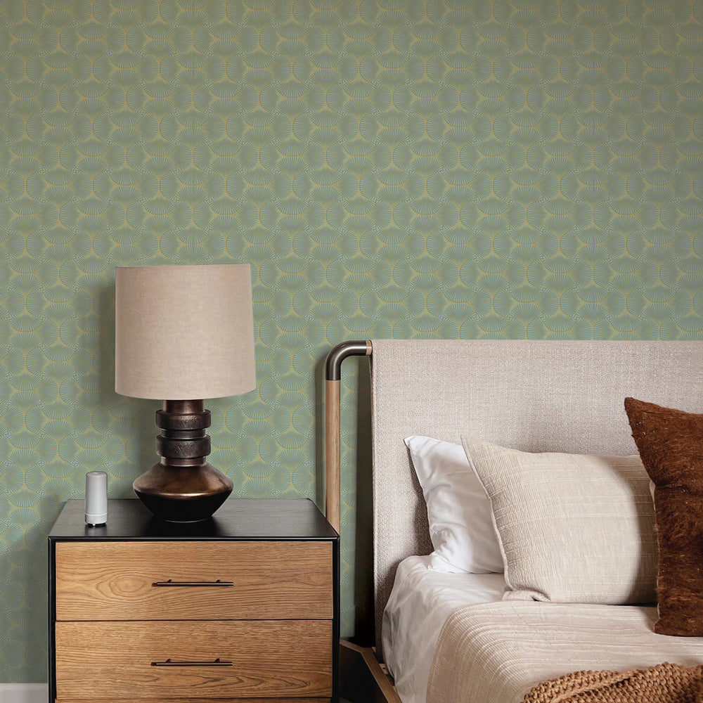 Gilded Scallop Non-Pasted Wallpaper - A brown nightstand and bed with Gilded Scallop Unpasted Wallpaper in green agate | Tempaper#color_green-agate
