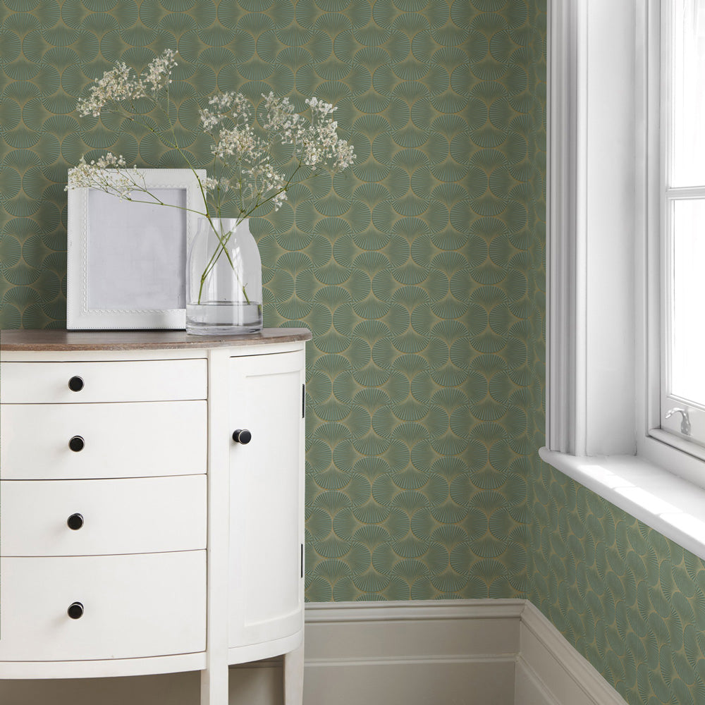 Gilded Scallop Non-Pasted Wallpaper - A white dresser and picture frame with Gilded Scallop Unpasted Wallpaper in green agate | Tempaper#color_green-agate