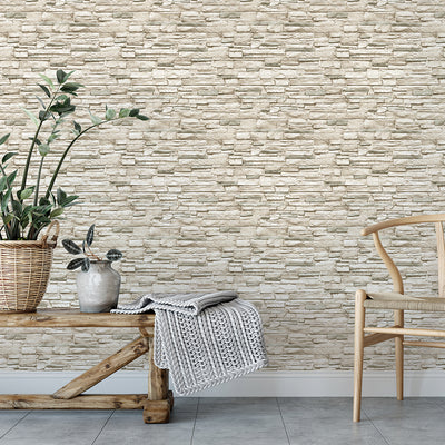 Light Stone Removable Wallpaper - A wood bench and chair in front of a wall featuring Tempaper's Light Stone Peel And Stick Wallpaper | Tempaper
