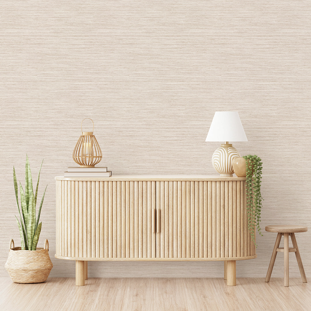 Faux Horizontal Grasscloth Removable Wallpaper - A wood dresser in a room featuring Faux Horizontal Grasscloth Peel And Stick Wallpaper in textured ecru | Tempaper#color_textured-ecru