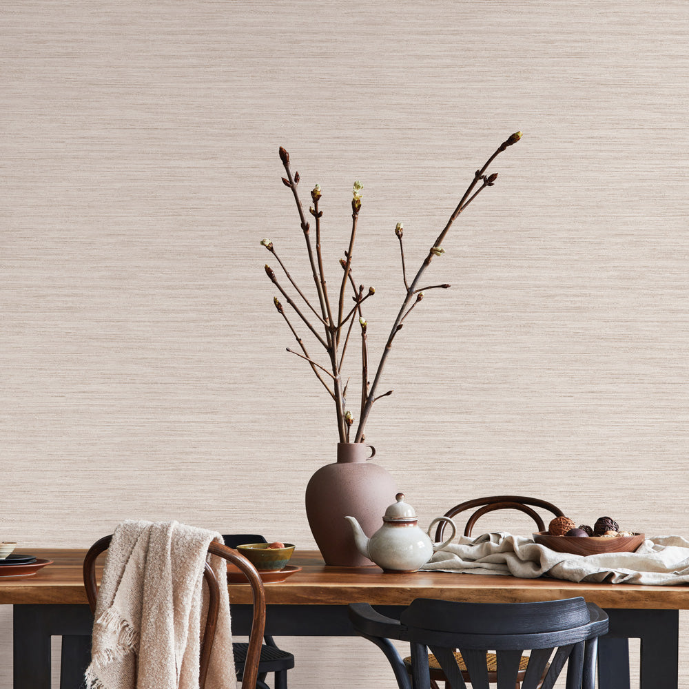 Faux Horizontal Grasscloth Removable Wallpaper - A dining room with a wood table and chairs featuring Faux Horizontal Grasscloth Peel And Stick Wallpaper in textured ecru | Tempaper#color_textured-ecru