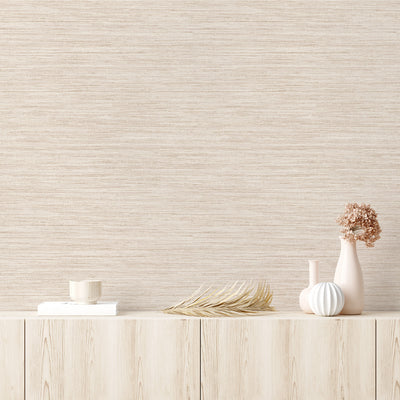 Faux Horizontal Grasscloth Removable Wallpaper - A wood dresser with beige vases and a wall featuring Faux Horizontal Grasscloth Peel And Stick Wallpaper in textured ecru | Tempaper#color_textured-ecru