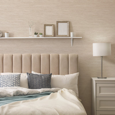 Faux Horizontal Grasscloth Removable Wallpaper - A bedroom with a bed and white nightstand featuring Faux Horizontal Grasscloth Peel And Stick Wallpaper in textured ecru | Tempaper#color_textured-ecru
