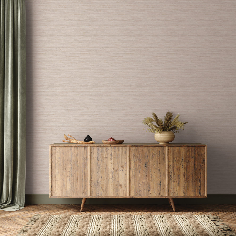Faux Horizontal Grasscloth Removable Wallpaper - A wood sideboard and a rug in a room featuring Faux Horizontal Grasscloth Peel And Stick Wallpaper in textured ecru | Tempaper#color_textured-ecru
