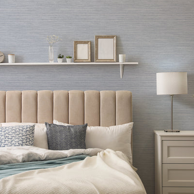 Faux Horizontal Grasscloth Removable Wallpaper - A bedroom with a bed and white nightstand featuring Faux Horizontal Grasscloth Peel And Stick Wallpaper in textured powder blue | Tempaper#color_textured-powder-blue