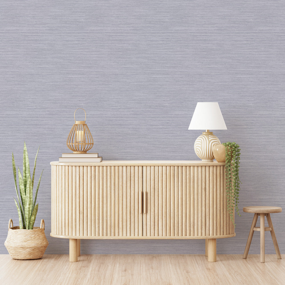 Faux Horizontal Grasscloth Removable Wallpaper - A wood dresser in a room featuring Faux Horizontal Grasscloth Peel And Stick Wallpaper in textured powder blue | Tempaper#color_textured-powder-blue