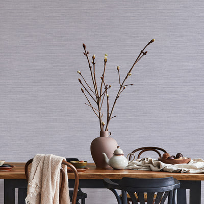 Faux Horizontal Grasscloth Removable Wallpaper - A dining room with a wood table and chairs featuring Faux Horizontal Grasscloth Peel And Stick Wallpaper in textured powder blue | Tempaper#color_textured-powder-blue
