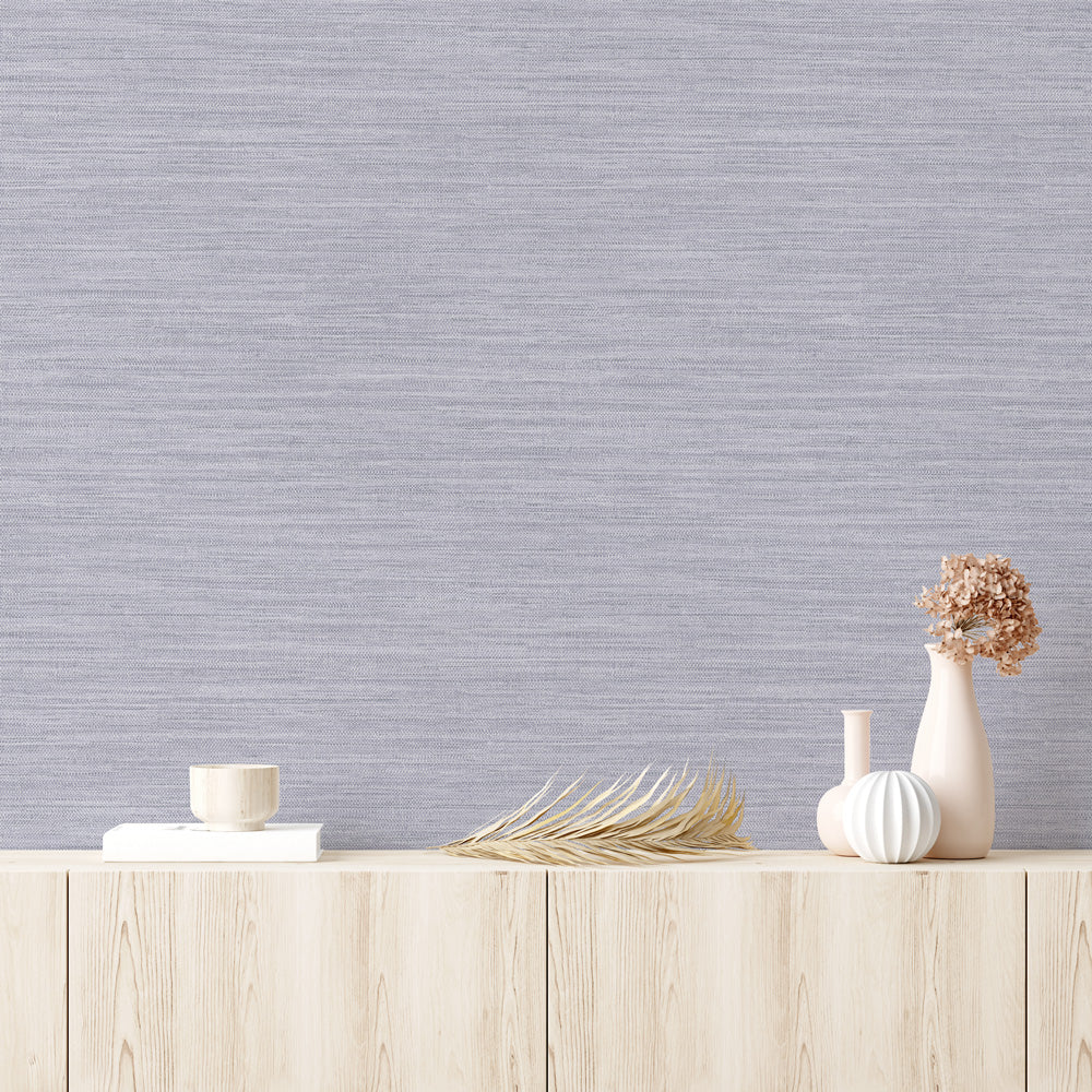 Faux Horizontal Grasscloth Removable Wallpaper - A wood dresser with beige vases and a wall featuring Faux Horizontal Grasscloth Peel And Stick Wallpaper in textured powder blue | Tempaper#color_textured-powder-blue