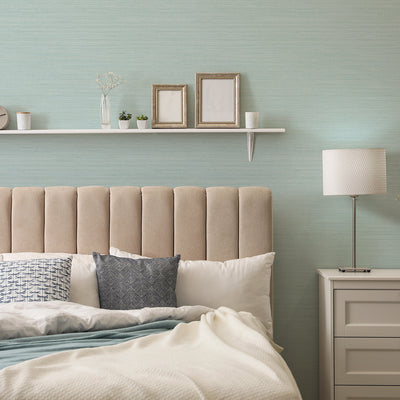 Faux Horizontal Grasscloth Removable Wallpaper - A bedroom with a bed and white nightstand featuring Faux Horizontal Grasscloth Peel And Stick Wallpaper in textured seaglass | Tempaper#color_textured-seaglass