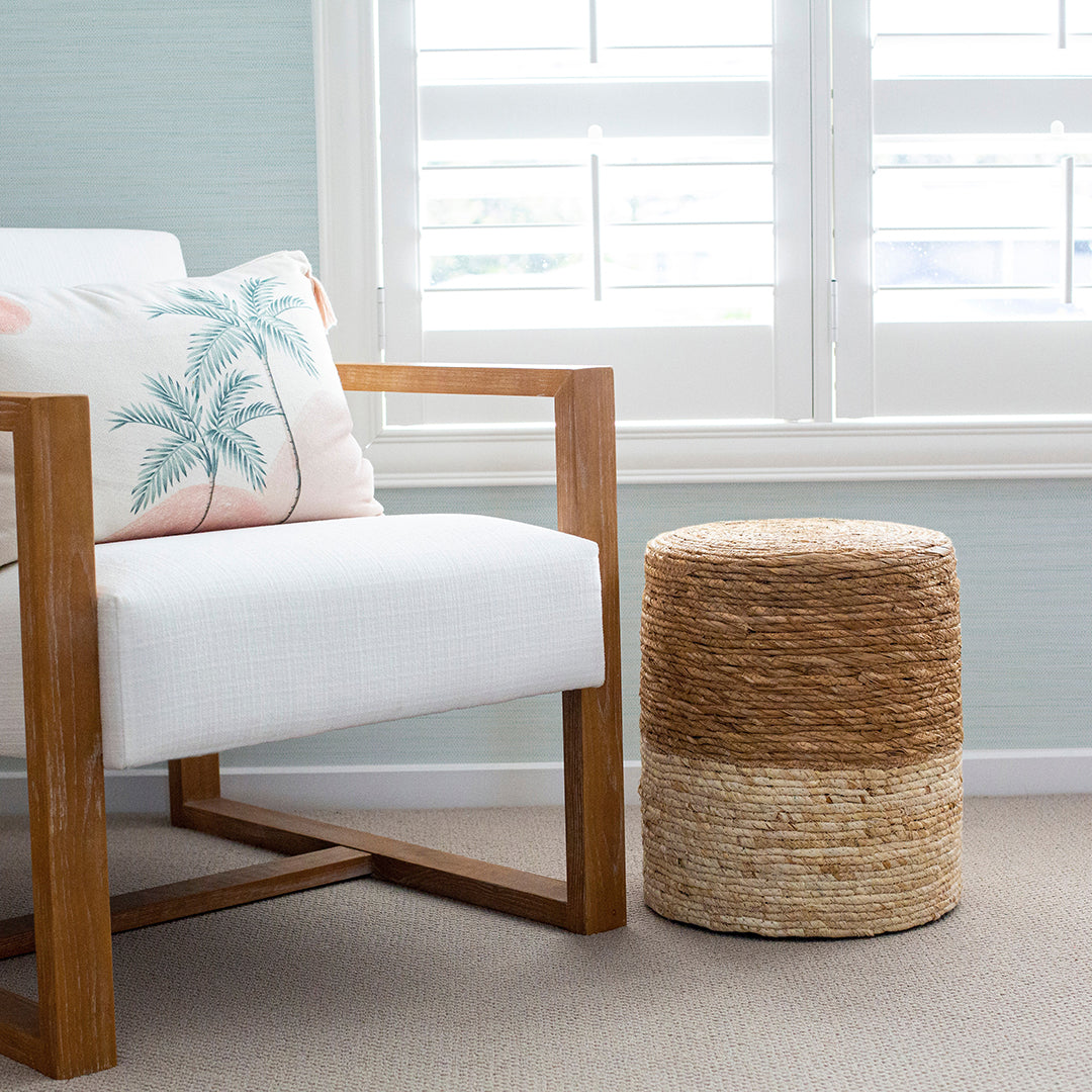 Faux Horizontal Grasscloth Removable Wallpaper - A room with a wood chair and white window featuring Faux Horizontal Grasscloth Peel And Stick Wallpaper in textured seaglass | Tempaper#color_textured-seaglass