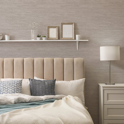 Faux Horizontal Grasscloth Removable Wallpaper - A bedroom with a bed and white nightstand featuring Faux Horizontal Grasscloth Peel And Stick Wallpaper in textured pewter | Tempaper#color_textured-pewter