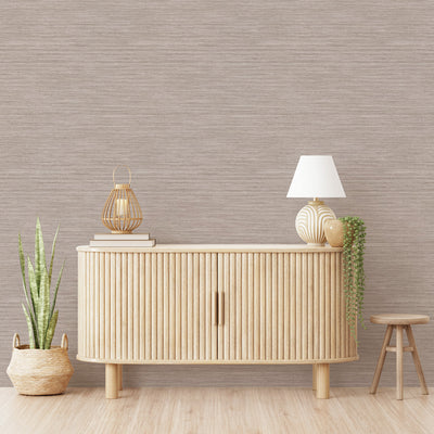 Faux Horizontal Grasscloth Removable Wallpaper - A wood dresser in a room featuring Faux Horizontal Grasscloth Peel And Stick Wallpaper in textured pewter | Tempaper#color_textured-pewter