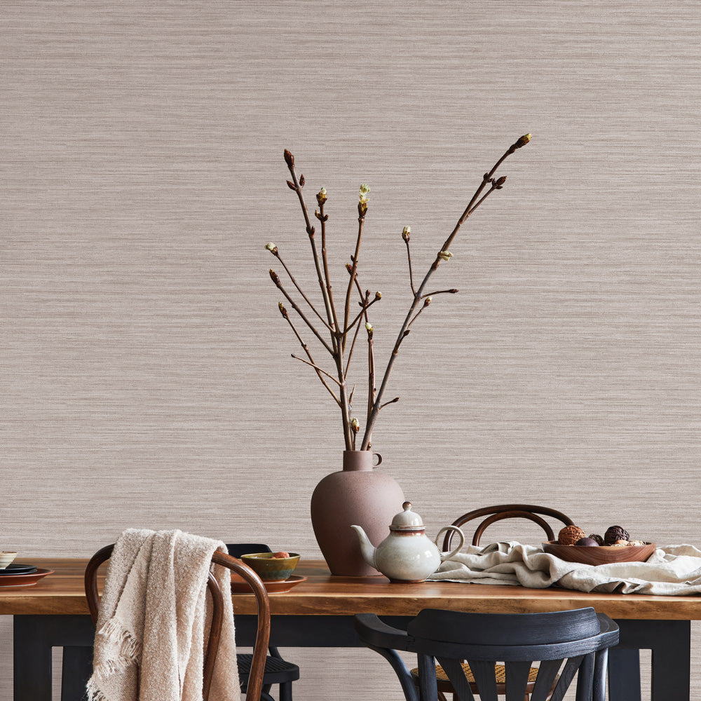 Faux Horizontal Grasscloth Removable Wallpaper - A dining room with a wood table and chairs featuring Faux Horizontal Grasscloth Peel And Stick Wallpaper in textured pewter | Tempaper#color_textured-pewter