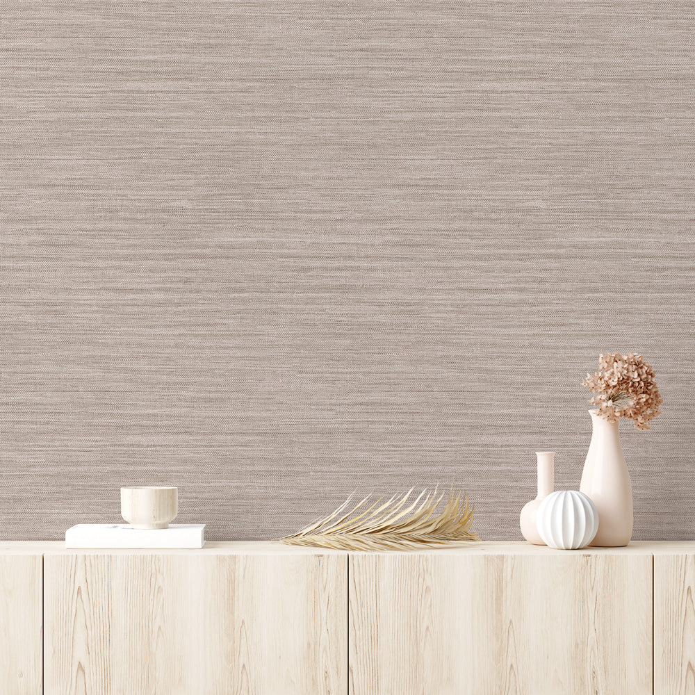 Faux Horizontal Grasscloth Removable Wallpaper - A wood dresser with beige vases and a wall featuring Faux Horizontal Grasscloth Peel And Stick Wallpaper in textured pewter  | Tempaper#color_textured-pewter